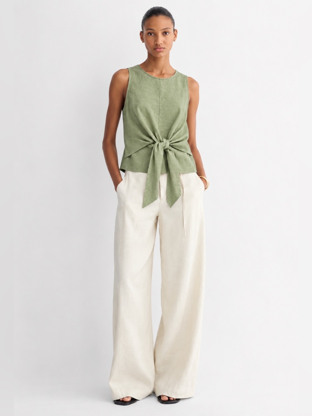 Harvey Bernard 100% linen Sleeveless Tie-Front Top in Olive Green